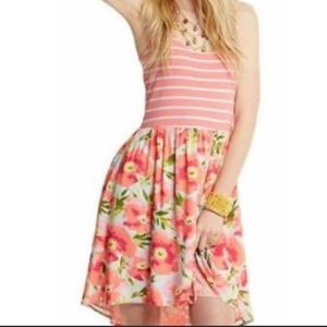 Matilda Jane Coral Striped Hi Lo Spring Dress with Floral Skirt Large